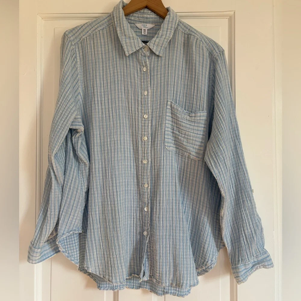 Time and Tru Womens Cotton Gauze Button Up Shirt Blue Stripe Muslin Crinkle XXL - Picture 1 of 10